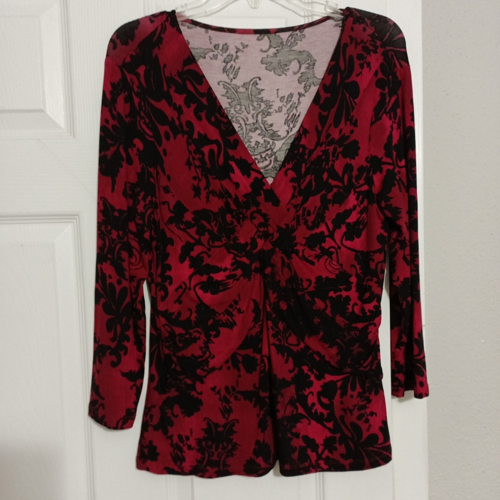 Boutique Maroon/Black Floral Print Long Sleeve V-neck Career Blouse Large